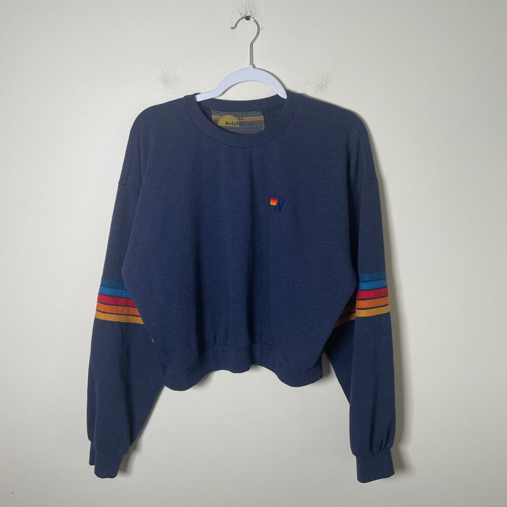 Aviator Nation Rainbow Stitch Crewneck Sweatshirt Fleece Blue Surfer Soft XS